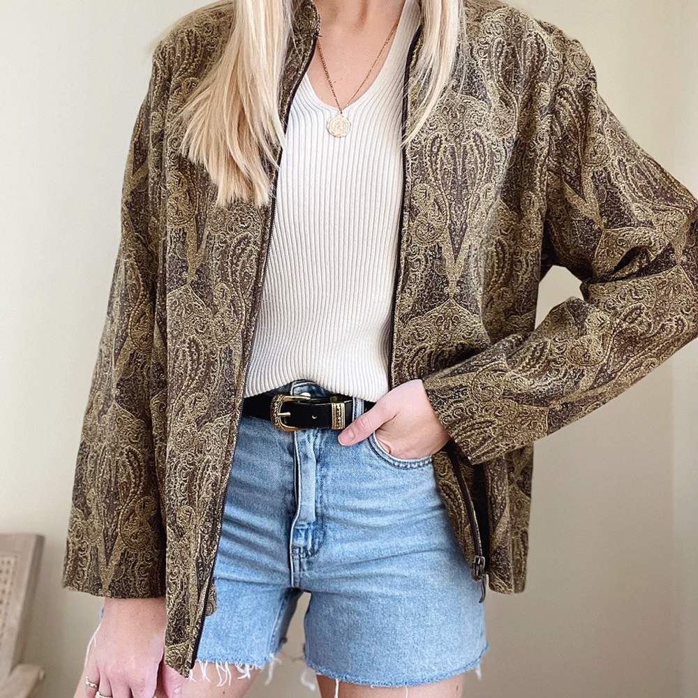 Vintage Tapestry Paisley Bomber Jacket in Gold